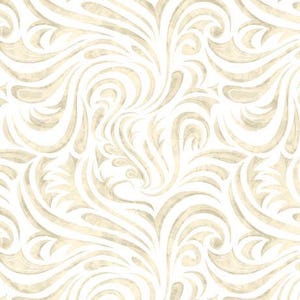 May include: A seamless pattern featuring a repeating design of swirling, stylized floral elements in a soft, muted beige color against a white background. The design has a textured, watercolor-like appearance, creating a sense of depth and movement.