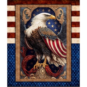 May include: A rectangular wall art print featuring a majestic bald eagle with white head feathers and brown body plumage. The eagle's wing feathers are patterned with red and white stripes. It stands on a gold base against a blue star background.