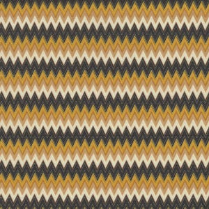 May include: A repeating pattern of zigzags in shades of black, gold, and cream. The design has a stitched appearance, with a dotted line running along the center of each zigzag. The overall effect is a textured, geometric pattern.