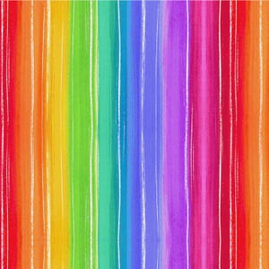 May include: A vibrant, abstract design featuring vertical stripes in a rainbow of colors. The stripes, ranging from red to violet, have a textured, painted appearance with thin white lines running through them.