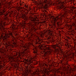 May include: A deep red fabric featuring a dense, intricate pattern of swirling scrolls, ornate floral motifs, and interconnected filigree lines. The design displays varying shades of crimson and dark burgundy, creating a textured, layered appearance.