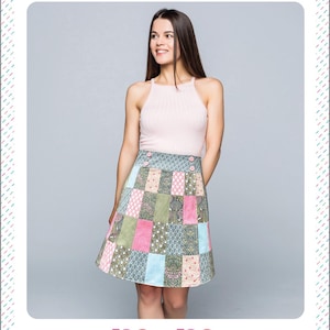 May include: A woman wearing a pink tank top and a reversible wrap-around patchwork skirt with a variety of colors and patterns. The skirt has buttons on the front. The text "AVA SKIRT" and "REVERSIBLE WRAP-AROUND PATCHWORK SKIRT" is at the top of the image. The text "MELLY AND ME" is at the bottom of the image.