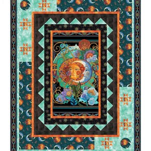 May include: A quilt pattern featuring a sun and moon design with floral accents. The pattern is designed for 24" x 43" panels and measures 62" x 80" when finished. The pattern is titled "Picture It - Moon and Sun" and is from The Sweet Tea Girls Patterns.