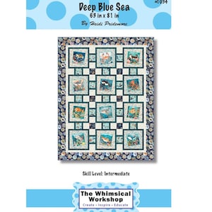 Deep Blue Sea Quilt Pattern 63 x 81 lap throw size from Whimsical Workshop by Heidi Pridemore use with 8-inch square preprinted panel square