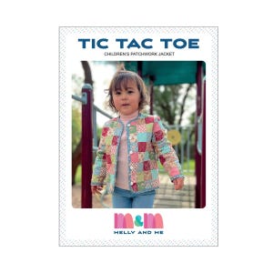 May include: A colorful patchwork jacket for children, with a blue, pink, and green color scheme. The jacket has a button closure and a stand-up collar. The image shows a child wearing the jacket on a playground. The image also includes the text "Tic Tac Toe Children's Patchwork Jacket" and the logo "M&M MELLY AND ME".