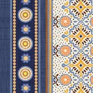 May include: A patterned fabric design featuring vertical stripes and floral motifs. The left side has a dark blue textured stripe with circles and flowers. The right side has a white background with orange and blue floral patterns. The design incorporates shades of blue, orange, and yellow.