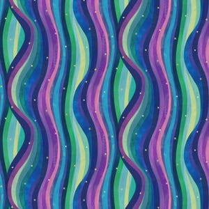 May include: A vibrant, abstract pattern featuring flowing, wavy stripes in shades of blue, green, purple, and pink. Tiny gold stars are scattered across the design, creating a celestial or whimsical feel. The overall aesthetic is colorful and dynamic.