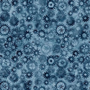 May include: A fabric pattern featuring a dense, repeating arrangement of various sized mechanical gears and cogs in shades of dark blue, slate, and light blue. The design has a textured, weathered appearance with overlapping circular shapes.