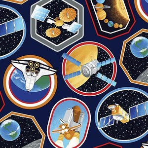 May include: A blue background with colorful space-themed patches. Each patch features a different space vehicle, including a space shuttle, a space station, and a satellite. The patches are surrounded by stars and planets.