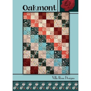 May include: A quilt pattern titled Oakmont by Villa Rosa Designs featuring a grid of square fabric patches in shades of red, green, pink, and white with holiday-themed prints including trees and ornaments, set against a light blue background.