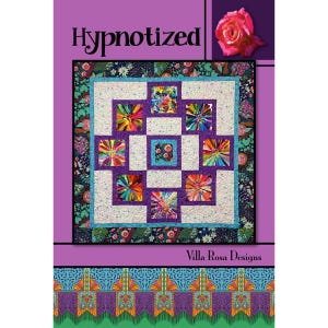 May include: A quilt pattern cover titled Hypnotized by Villa Rosa Designs. The central image shows a square quilt with a white background, purple borders, and colorful, multi-patterned square blocks. A pink rose is in the top right corner.