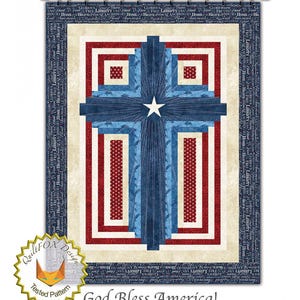 May include: A quilt pattern featuring a red, white, and blue cross design with a star in the center. The quilt is surrounded by a border of text that reads "God Bless America!" and "Multiple Sizes: 36"x 47" (45"x 59") 54"x 71" Copyright Judit Hajdu, 2024".