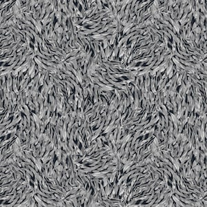 May include: Abstract pattern featuring a repeating design of layered, curved shapes in shades of gray and white against a dark navy background. The design creates a textured, organic appearance, suitable for fabric or wallpaper.