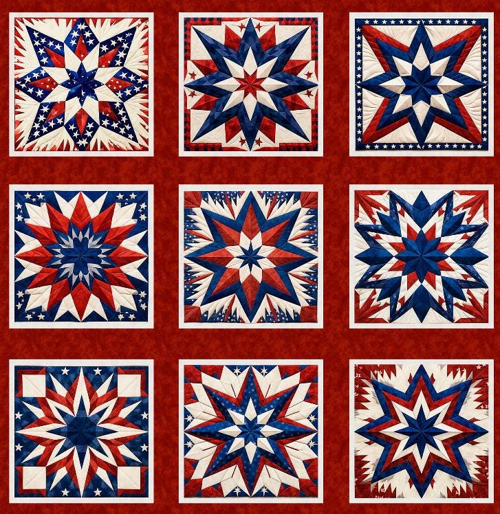American Tapestry Quilt Blocks Fabric Panel Red Stars by Morris ...