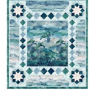 May include: A quilt pattern featuring a sea turtle design with a blue, green and white colour scheme. The pattern is called "Sea Travelers" and is available from Pine Tree Country Quilts. The text "Pine Tree Country Quilts" is in black text on a white background. The text "PO Box 343, Stillwater, ME 04489 (207) 827-3876" is in black text on a white background. The text "www.pinetreecountryquilts.com" is in white text on a blue background.