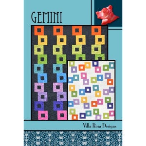 May include: A quilt pattern titled "Gemini" featuring two quilt designs. One design has a dark background with colorful square blocks arranged in vertical rows. The other design has a white background with scattered colorful square blocks. The text "Villa Rosa Designs" is at the bottom.