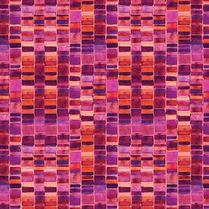 May include: A vibrant, abstract pattern featuring a repeating design of rectangular blocks in shades of pink, purple, and orange. The blocks are arranged in vertical columns, creating a textured, watercolor-like effect. The overall aesthetic is modern and colorful.