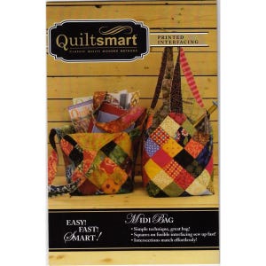 May include: A QuiltSmart printed interfacing product package featuring two colorful patchwork bags made of various fabric squares. The packaging includes the text QuiltSmart, Printed Interfacing, Midi Bag, Easy! Fast! Smart!, and descriptive sewing instructions.