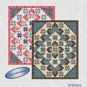 May include: A quilt pattern titled "Decorator Jewel" featuring two colorways. One quilt has a red and white floral design with blue accents, and the other has a brown, beige, and blue star pattern. The text "Two colorways!" is also present.