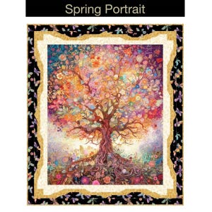 May include: A quilt titled Spring Portrait featuring a central tree with a vibrant, multi-colored floral canopy and exposed roots. The design is framed by a cream-colored border and an outer black border patterned with small colorful butterflies.