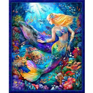 Mermaid Panel 36 x 44 - Hidden Treasures - 100% brushed quilting cotton from Oasis Fabrics colorful ocean life themed fabric for sewing