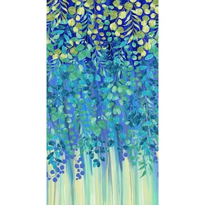 May include: A vibrant, abstract botanical print featuring cascading leaves in shades of blue, teal, and green against a deep blue background. The design includes a mix of round and elongated leaf shapes, creating a sense of depth and movement.