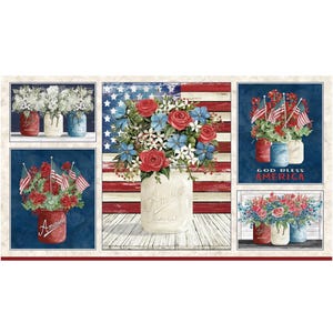 May include: A collage of five images featuring mason jars filled with red, white, and blue flowers. The jars are decorated with patriotic themes and the words "God Bless America".