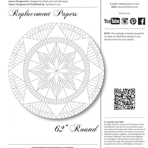 May include: Black and white line drawing of a 62-inch round Christmas tree skirt pattern. The pattern is called "Christmas Celebration" and is designed by Brad and Judy Niemeyer. The text "Replacement Papers" is also included in the image.