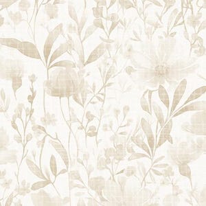 May include: A seamless pattern featuring a delicate floral design in shades of beige on a white background. The pattern is made up of various flowers, leaves, and stems, all rendered in a soft, watercolor-like style.