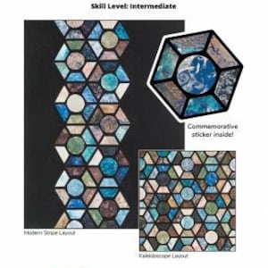 May include: A quilt pattern called "Cupola Views" with two layout options: "Modern Stripe Layout" and "Kaleidoscope Layout". The pattern is for baby, throw, and twin sizes and is precut-friendly. The skill level is intermediate. The pattern includes a commemorative sticker.