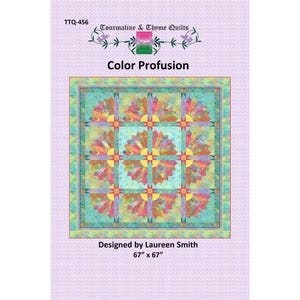 May include: A colorful quilt titled "Color Profusion" by Tourmaline & Thyme Quilts, designed by Laureen Smith. The quilt features a central design of radiating shapes in shades of teal, pink, yellow, and orange. The quilt measures 67 inches by 67 inches.