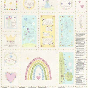 May include: A white fabric panel with colorful embroidered designs featuring flowers, hearts, rainbows, and birds. The panel includes text such as "happy", "wild & free", "be a little wild flower", "life is so good", "flower child", "daydreamer", and "don't stop until you're proud".