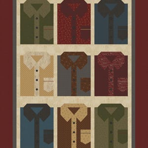 May include: A quilt featuring nine stylized shirt blocks in various colors and patterns. The shirts include shades of green, red, blue, and brown, with details like pockets and button closures. The quilt has a neutral background and a dark red border.