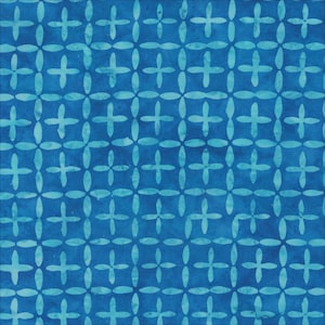 May include: A blue fabric with a repeating pattern of light blue crosses and oval shapes. The design is arranged in a grid-like formation, creating a textured appearance. The fabric has a watercolor-like effect.
