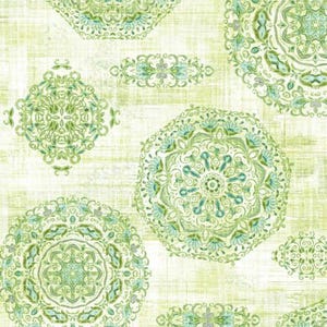 May include: A repeating pattern featuring green and teal mandala designs on a light yellow background. The mandalas vary in size and shape, with intricate floral and geometric details. The overall aesthetic is reminiscent of vintage wallpaper or fabric.