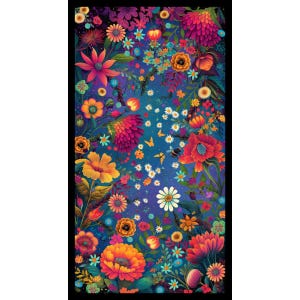 May include: A rectangular fabric panel featuring a vibrant floral pattern on a deep blue background. The design includes various colorful flowers in shades of orange, pink, red, and yellow, interspersed with small white daisies and a bee.
