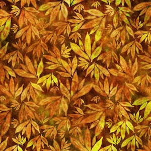 May include: A seamless pattern of stylized leaves in shades of orange, yellow, and brown. The leaves are arranged in a random pattern, creating a textured and organic look.