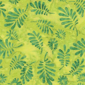 May include: A fabric with a repeating pattern of green fern-like leaves on a yellow-green background. The leaves vary in size and shape, creating a tropical or botanical theme. The fabric has a watercolor-like effect.