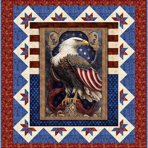 May include: A patriotic quilt featuring a detailed image of an American bald eagle with red, white, and blue accents. The eagle is framed within a border of stars and stripes, set against a blue and red patterned background. The quilt is a celebration of American pride.