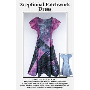 May include: A patchwork dress featuring a mix of purple, blue, and black patterned fabric panels. The dress has short sleeves, a round neckline, and side ties. A smaller inset shows the dress in a solid light blue color. Text reads Xceptional Patchwork Dress.