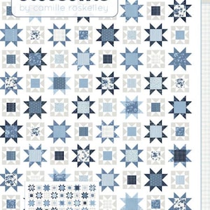 May include: A quilt pattern called "Sand & Sea" by Thimble Blossoms, featuring a blue and white star design. The pattern is fat quarter friendly and includes a diagram of the quilt blocks.