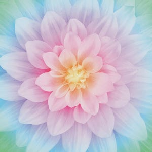 May include: A close-up of a dahlia flower with layered petals. The flower's center is a soft yellow, transitioning to peach and pink. The petals gradually shift to lavender and blue at the edges, creating a gradient effect. The overall image has a soft, pastel aesthetic.