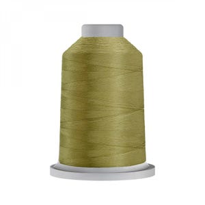 May include: A spool of olive green thread on a white bobbin.