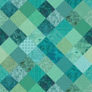 May include: A fabric pattern featuring a repeating diamond grid design in various shades of teal, turquoise, and mint green. The squares display diverse textures including polka dots, floral motifs, leaf patterns, and abstract geometric lines.