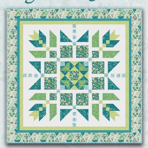 May include: A quilt pattern titled "Aegean Starflower" with a geometric design in shades of green and teal. The finished quilt size is 57 x 57 inches. The pattern features fabrics from the Greenhouse Garden collection by Nancy Rink for Marcus Fabrics.