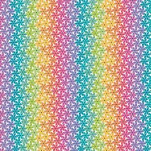 May include: A repeating geometric pattern featuring six-petaled star-like flowers arranged in vertical columns. The design displays a vibrant rainbow gradient, transitioning smoothly from teal and blue to purple, pink, yellow, and lime green.