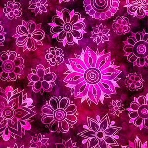 May include: A seamless pattern of pink and white stylized flowers on a dark pink background. The flowers are drawn in a whimsical style with intricate details.