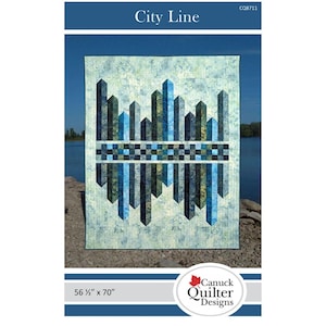 May include: A quilt pattern titled City Line by Canuck Quilter Designs, measuring 56 1/2 inches by 70 inches. The quilt features a blue and green abstract cityscape design with vertical rectangular blocks and a central horizontal checkered band.