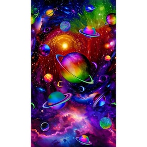 May include: A vibrant digital art print featuring a deep space scene filled with colorful planets, glowing rings, and swirling nebulae in shades of purple, blue, orange, and yellow. Multiple celestial bodies are scattered across the dark background.
