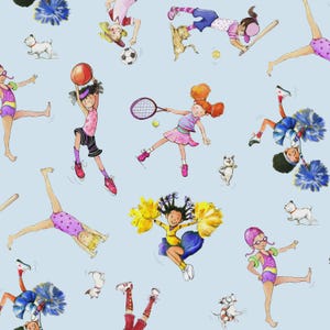 May include: A light blue background with a repeating pattern of cartoon girls engaged in various sports and activities. The illustrations include girls playing tennis, cheerleading, and other sports, along with small white dogs.